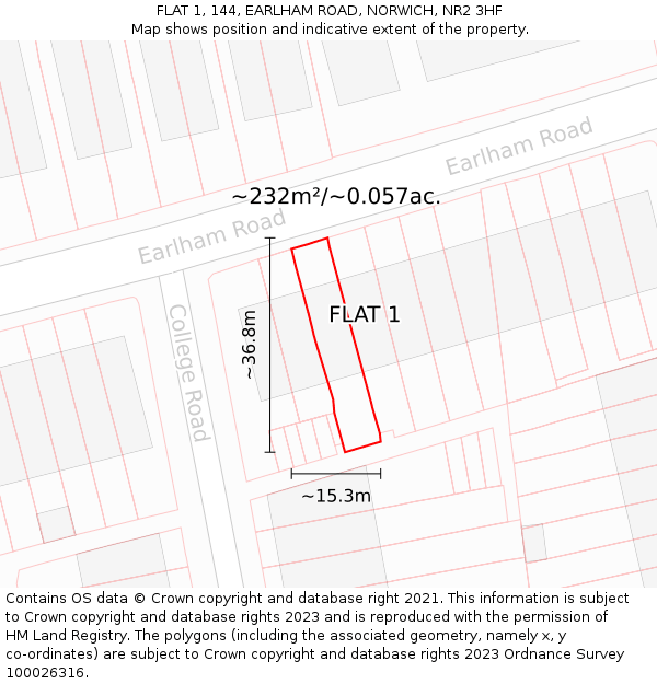 FLAT 1, 144, EARLHAM ROAD, NORWICH, NR2 3HF: Plot and title map