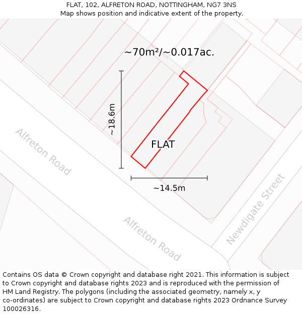 FLAT, 102, ALFRETON ROAD, NOTTINGHAM, NG7 3NS: Plot and title map