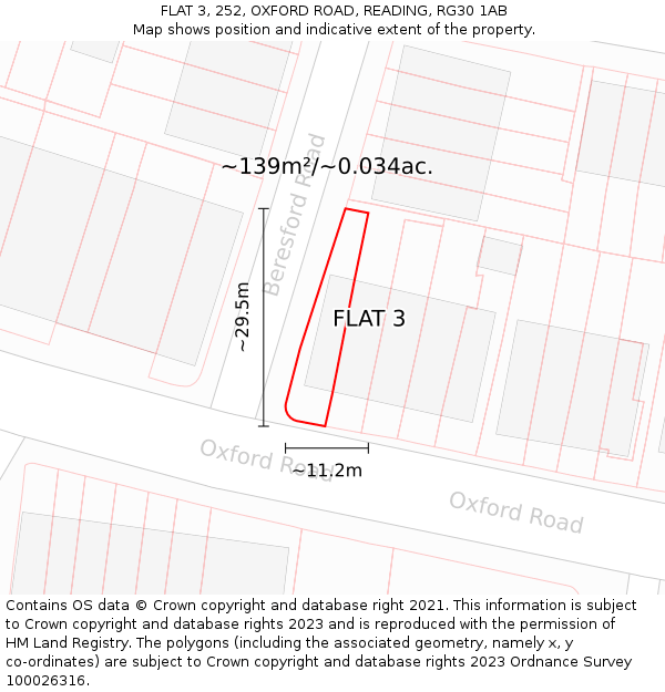FLAT 3, 252, OXFORD ROAD, READING, RG30 1AB: Plot and title map