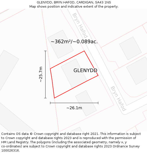 GLENYDD, BRYN HAFOD, CARDIGAN, SA43 1NS: Plot and title map