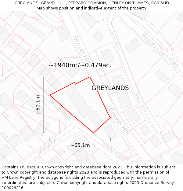 GREYLANDS, GRAVEL HILL, PEPPARD COMMON, HENLEY-ON-THAMES, RG9 5HD: Plot and title map