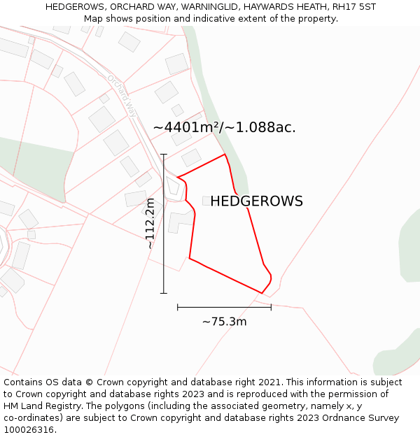 HEDGEROWS, ORCHARD WAY, WARNINGLID, HAYWARDS HEATH, RH17 5ST: Plot and title map