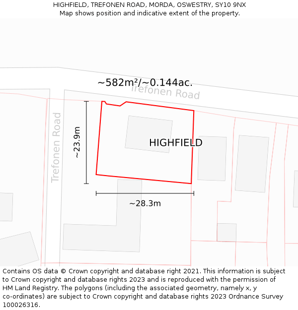 HIGHFIELD, TREFONEN ROAD, MORDA, OSWESTRY, SY10 9NX: Plot and title map