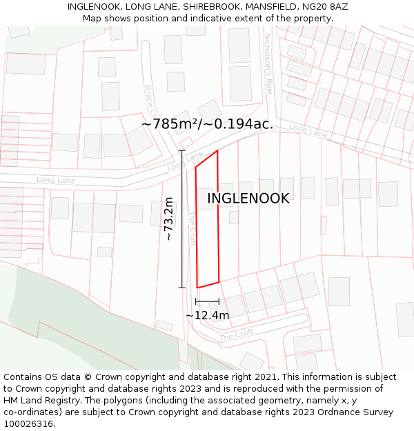 INGLENOOK, LONG LANE, SHIREBROOK, MANSFIELD, NG20 8AZ: Plot and title map