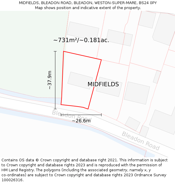 MIDFIELDS, BLEADON ROAD, BLEADON, WESTON-SUPER-MARE, BS24 0PY: Plot and title map