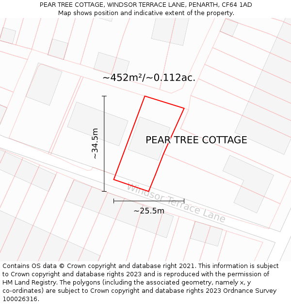 PEAR TREE COTTAGE, WINDSOR TERRACE LANE, PENARTH, CF64 1AD: Plot and title map