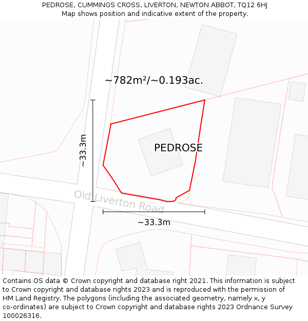 PEDROSE, CUMMINGS CROSS, LIVERTON, NEWTON ABBOT, TQ12 6HJ: Plot and title map