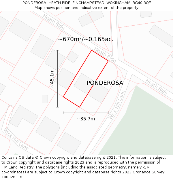 PONDEROSA, HEATH RIDE, FINCHAMPSTEAD, WOKINGHAM, RG40 3QE: Plot and title map