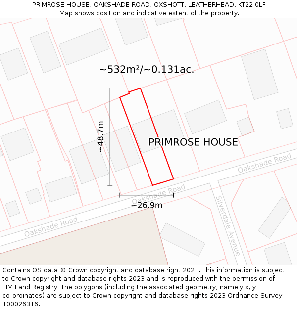 PRIMROSE HOUSE, OAKSHADE ROAD, OXSHOTT, LEATHERHEAD, KT22 0LF: Plot and title map