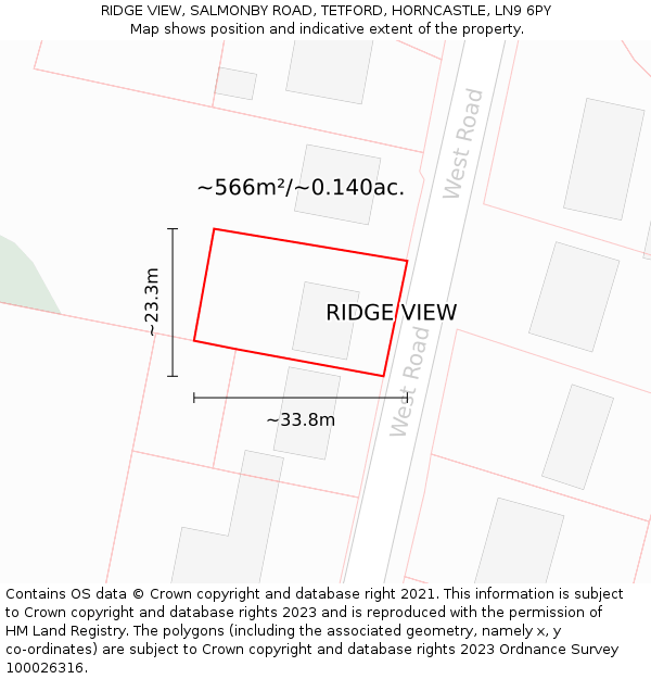 RIDGE VIEW, SALMONBY ROAD, TETFORD, HORNCASTLE, LN9 6PY: Plot and title map