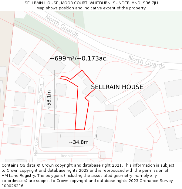 SELLRAIN HOUSE, MOOR COURT, WHITBURN, SUNDERLAND, SR6 7JU: Plot and title map
