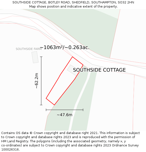 SOUTHSIDE COTTAGE, BOTLEY ROAD, SHEDFIELD, SOUTHAMPTON, SO32 2HN: Plot and title map