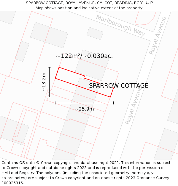 SPARROW COTTAGE, ROYAL AVENUE, CALCOT, READING, RG31 4UP: Plot and title map