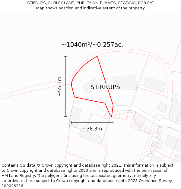 STIRRUPS, PURLEY LANE, PURLEY ON THAMES, READING, RG8 8AT: Plot and title map