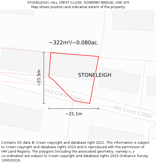 STONELEIGH, HILL CREST CLOSE, SOWERBY BRIDGE, HX6 2FX: Plot and title map