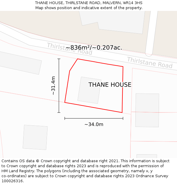 THANE HOUSE, THIRLSTANE ROAD, MALVERN, WR14 3HS: Plot and title map