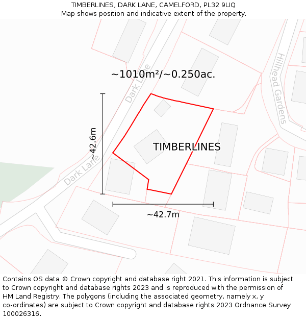 TIMBERLINES, DARK LANE, CAMELFORD, PL32 9UQ: Plot and title map