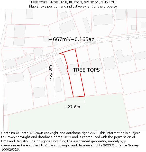 TREE TOPS, HYDE LANE, PURTON, SWINDON, SN5 4DU: Plot and title map