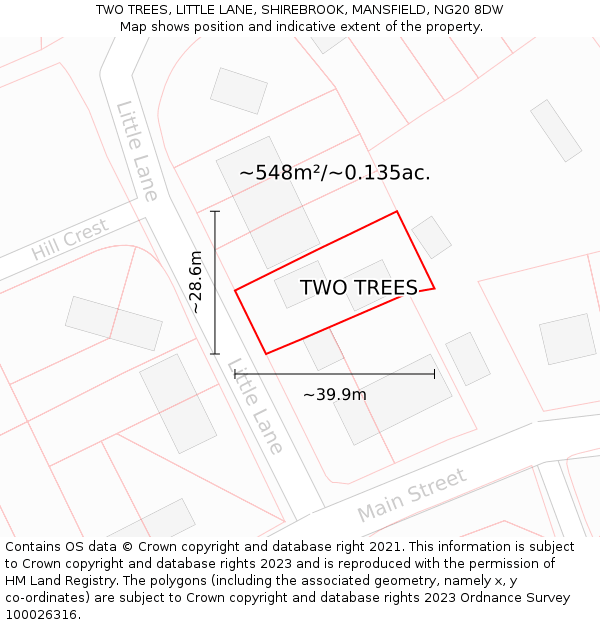 TWO TREES, LITTLE LANE, SHIREBROOK, MANSFIELD, NG20 8DW: Plot and title map