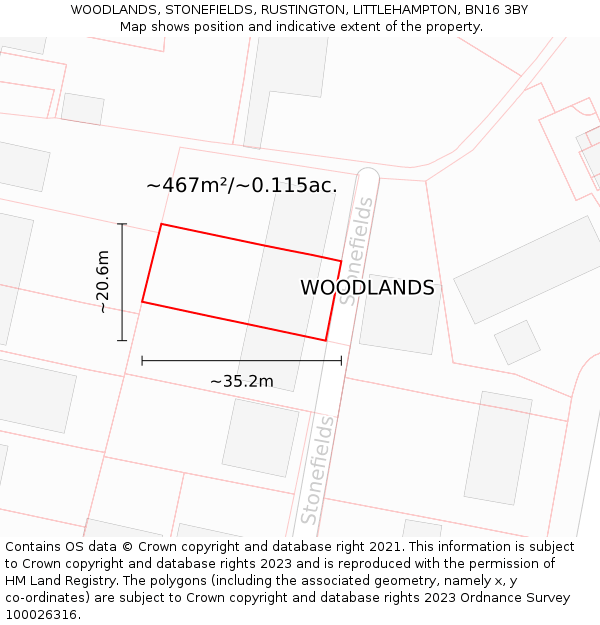 WOODLANDS, STONEFIELDS, RUSTINGTON, LITTLEHAMPTON, BN16 3BY: Plot and title map