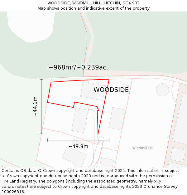 WOODSIDE, WINDMILL HILL, HITCHIN, SG4 9RT: Plot and title map
