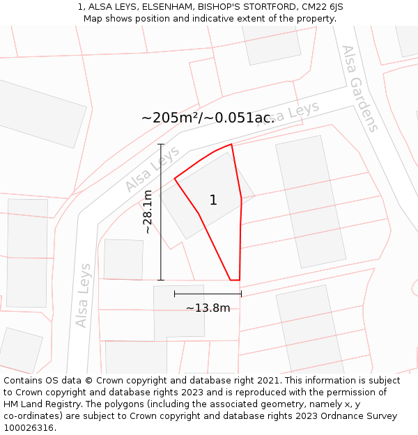 1, ALSA LEYS, ELSENHAM, BISHOP'S STORTFORD, CM22 6JS: Plot and title map