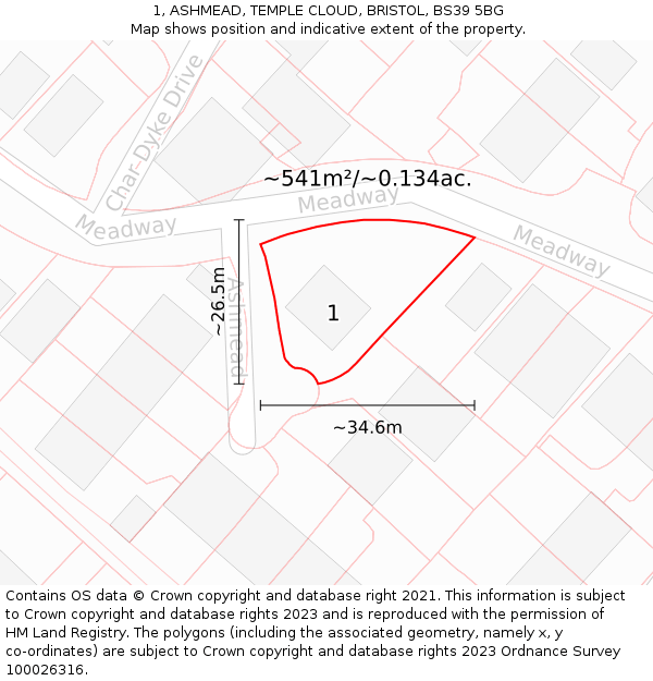 1, ASHMEAD, TEMPLE CLOUD, BRISTOL, BS39 5BG: Plot and title map
