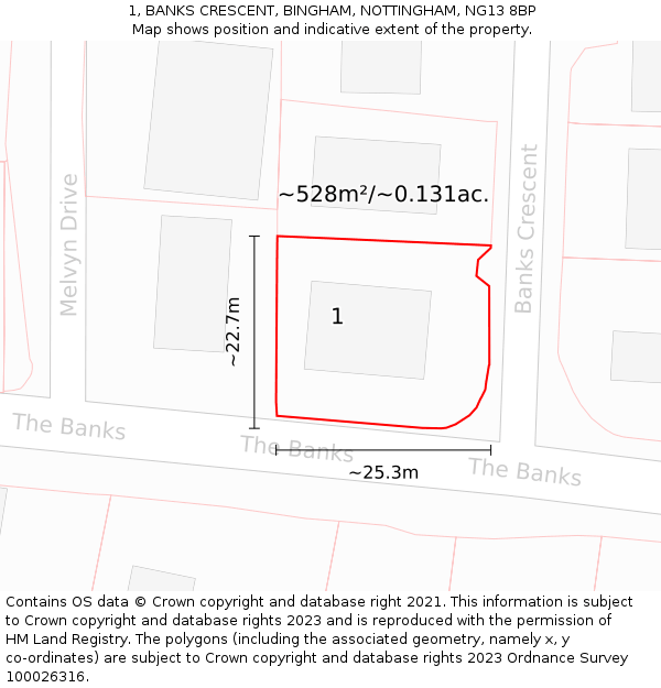 1, BANKS CRESCENT, BINGHAM, NOTTINGHAM, NG13 8BP: Plot and title map
