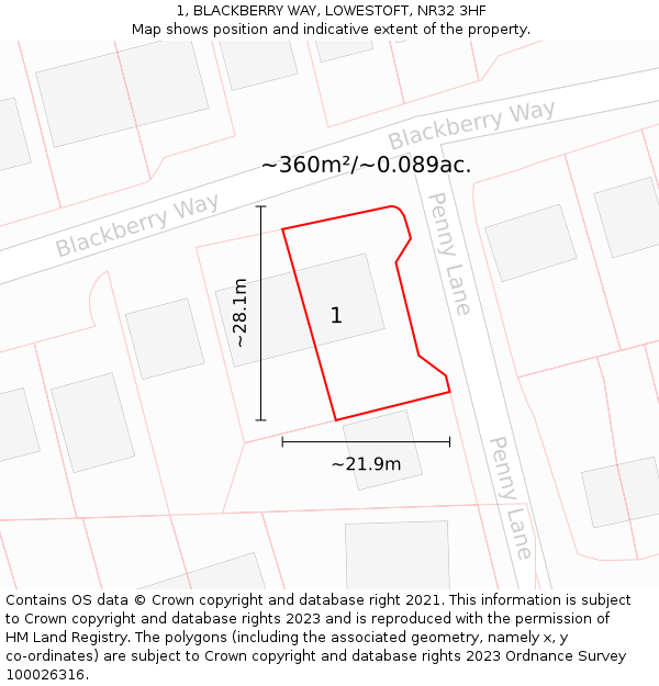 1, BLACKBERRY WAY, LOWESTOFT, NR32 3HF: Plot and title map