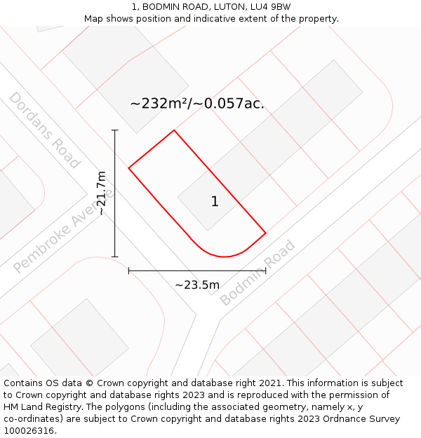1, BODMIN ROAD, LUTON, LU4 9BW: Plot and title map