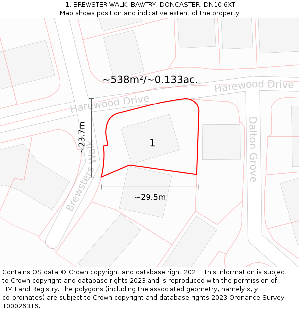 1, BREWSTER WALK, BAWTRY, DONCASTER, DN10 6XT: Plot and title map