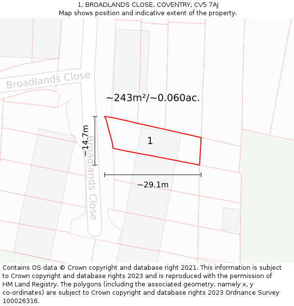 1, BROADLANDS CLOSE, COVENTRY, CV5 7AJ: Plot and title map