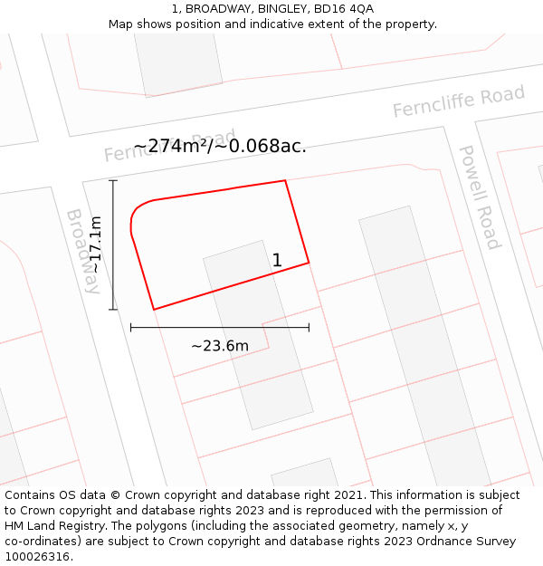 1, BROADWAY, BINGLEY, BD16 4QA: Plot and title map