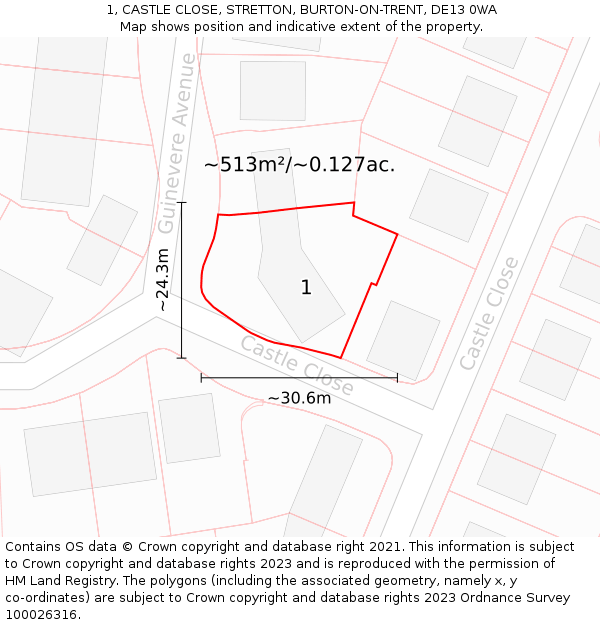 1, CASTLE CLOSE, STRETTON, BURTON-ON-TRENT, DE13 0WA: Plot and title map