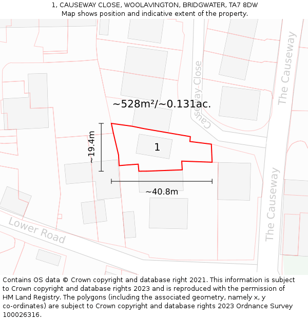 1, CAUSEWAY CLOSE, WOOLAVINGTON, BRIDGWATER, TA7 8DW: Plot and title map