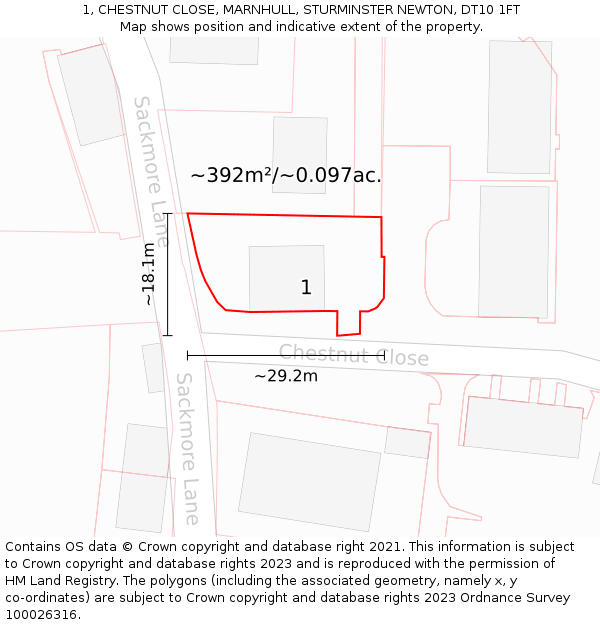 1, CHESTNUT CLOSE, MARNHULL, STURMINSTER NEWTON, DT10 1FT: Plot and title map