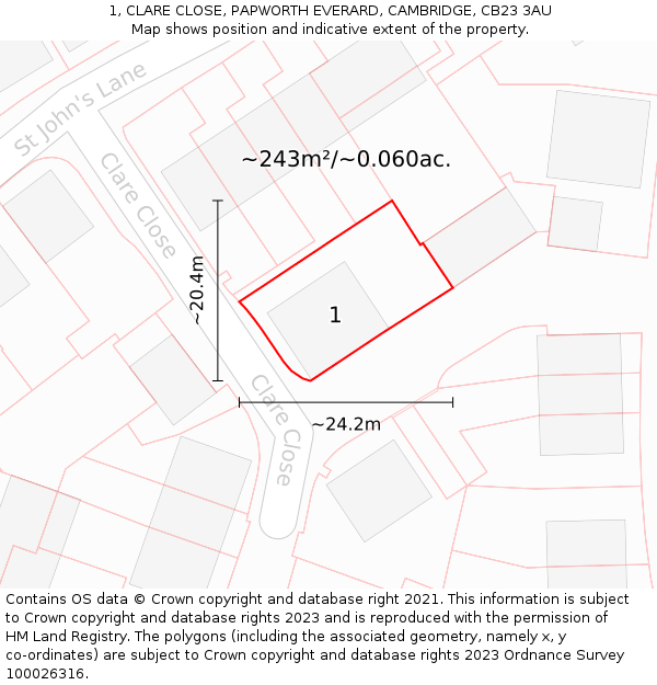 1, CLARE CLOSE, PAPWORTH EVERARD, CAMBRIDGE, CB23 3AU: Plot and title map