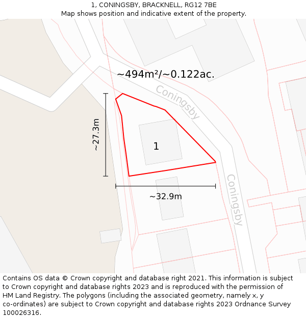 1, CONINGSBY, BRACKNELL, RG12 7BE: Plot and title map