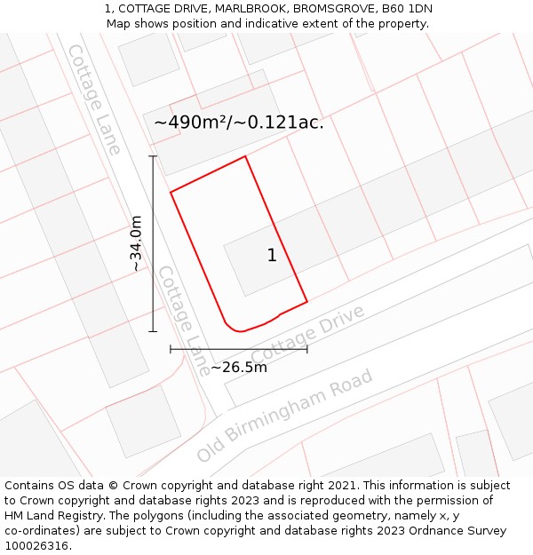1, COTTAGE DRIVE, MARLBROOK, BROMSGROVE, B60 1DN: Plot and title map