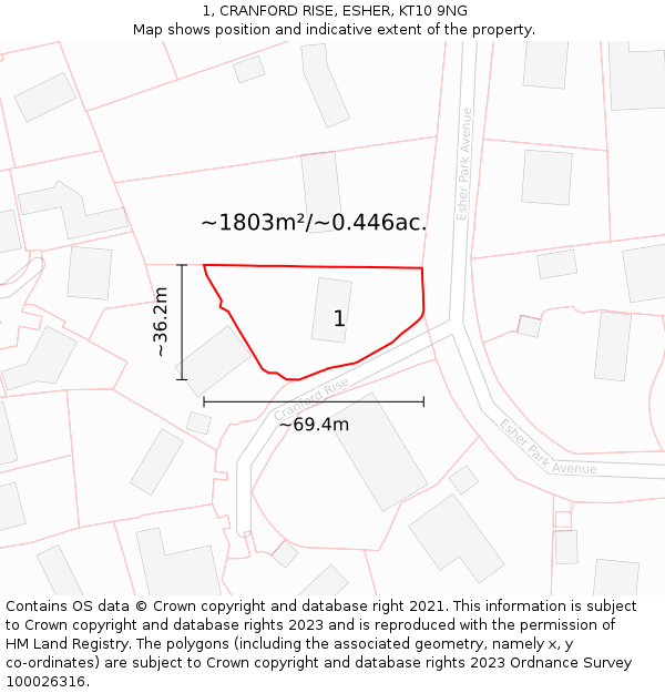 1, CRANFORD RISE, ESHER, KT10 9NG: Plot and title map