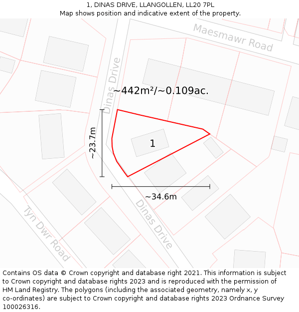 1, DINAS DRIVE, LLANGOLLEN, LL20 7PL: Plot and title map