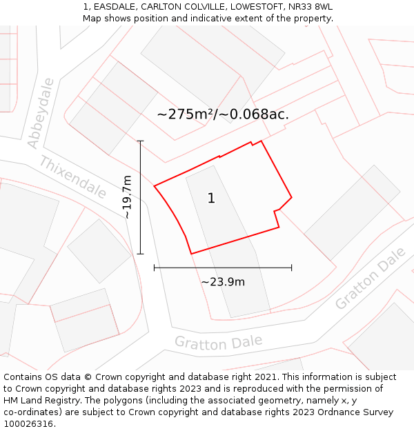 1, EASDALE, CARLTON COLVILLE, LOWESTOFT, NR33 8WL: Plot and title map