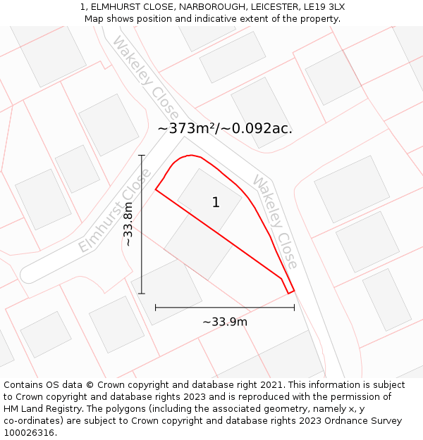 1, ELMHURST CLOSE, NARBOROUGH, LEICESTER, LE19 3LX: Plot and title map