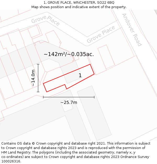 1, GROVE PLACE, WINCHESTER, SO22 6BQ: Plot and title map