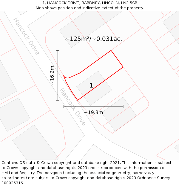 1, HANCOCK DRIVE, BARDNEY, LINCOLN, LN3 5SR: Plot and title map