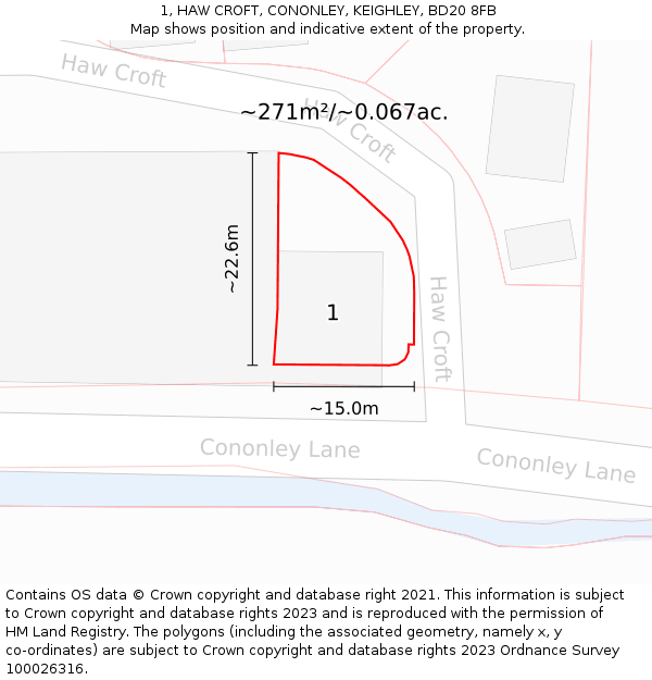 1, HAW CROFT, CONONLEY, KEIGHLEY, BD20 8FB: Plot and title map