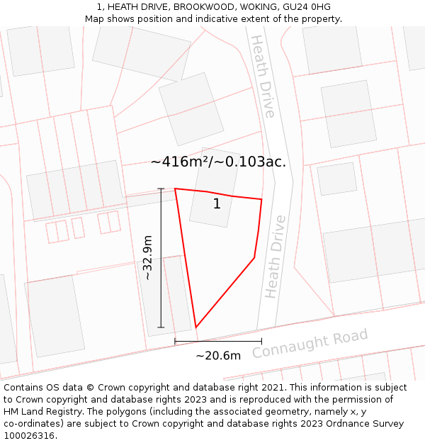 1, HEATH DRIVE, BROOKWOOD, WOKING, GU24 0HG: Plot and title map