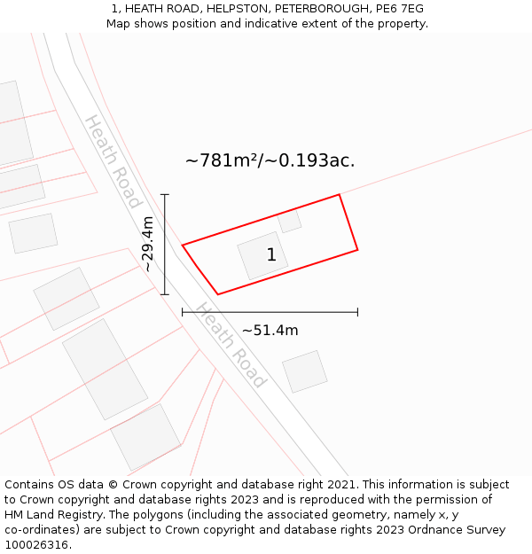 1, HEATH ROAD, HELPSTON, PETERBOROUGH, PE6 7EG: Plot and title map