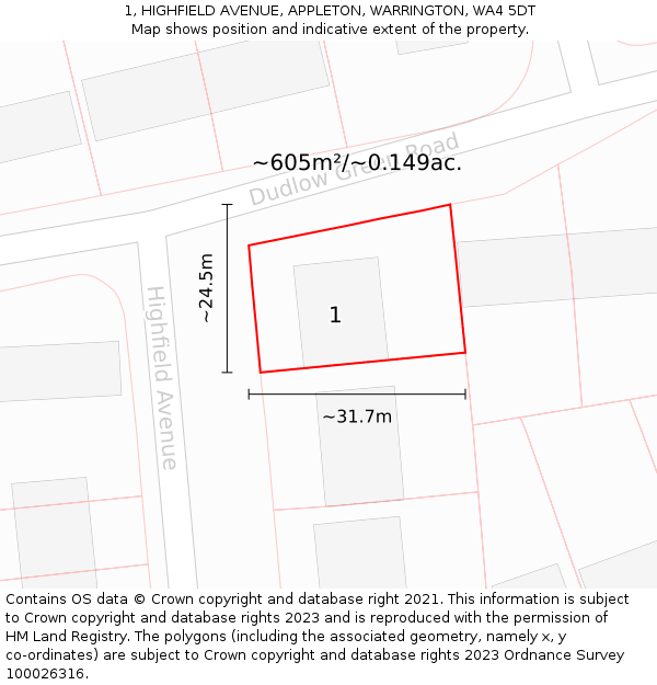 1, HIGHFIELD AVENUE, APPLETON, WARRINGTON, WA4 5DT: Plot and title map