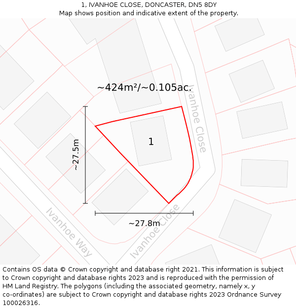1, IVANHOE CLOSE, DONCASTER, DN5 8DY: Plot and title map